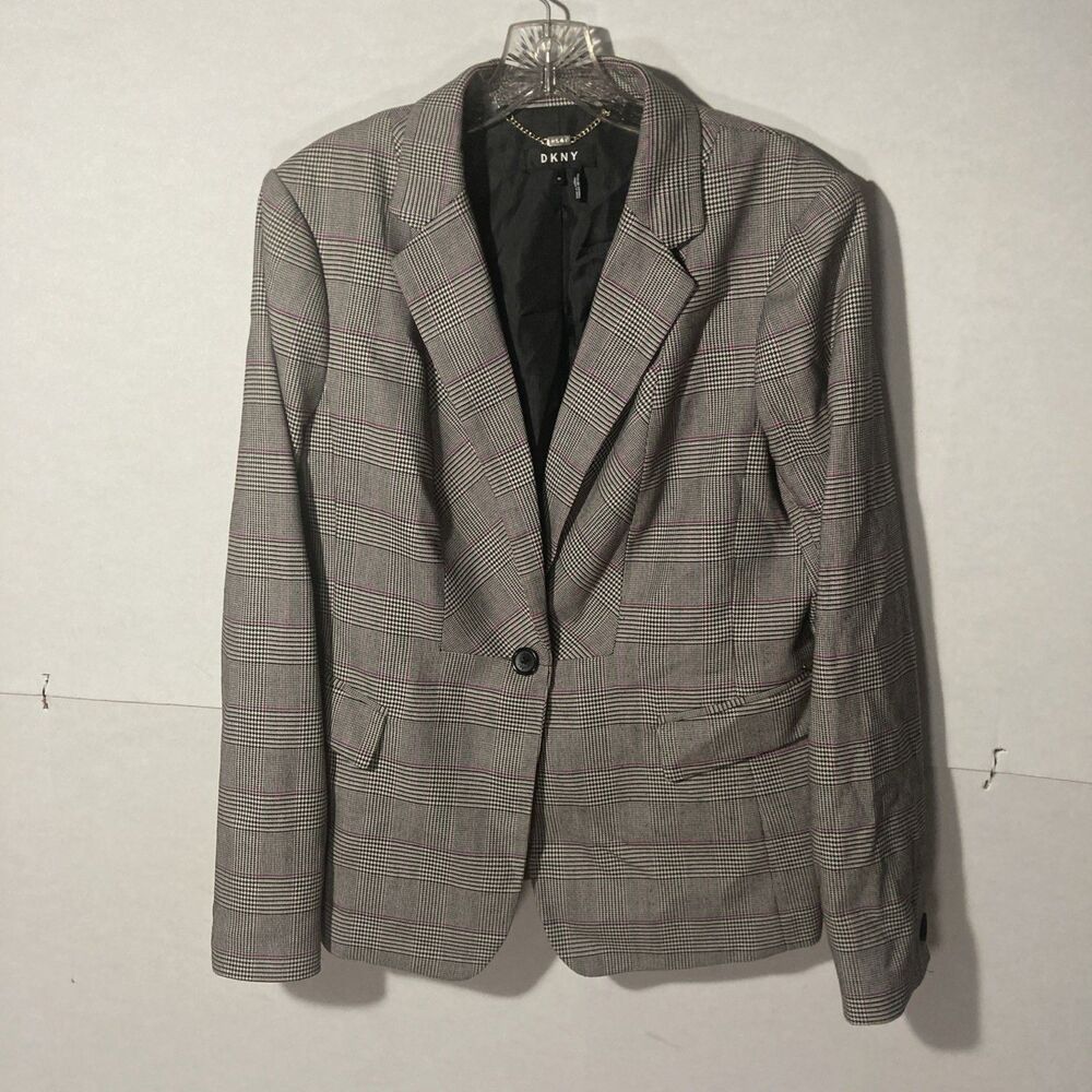 DKNY white black purple hounds tooth plaid single button collared blazer 12